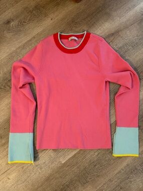 Alice + Olivia Pink Ribbed Top with Red Neckline and Mint Trim